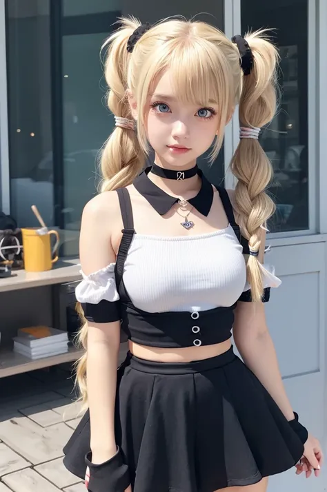 3D Pixar Style Girl, Blonde Drill Twintails, Put your hair in twin tails, Game controller hair accessory, Wear a black choker around your neck, Cute sign, Heterochromia: left eye is red, right eye is blue