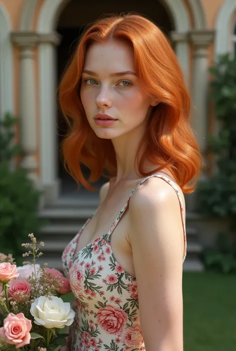 1girl in, age19, Solo, Aesthetic artwork, irish redhead, wavy ginger hair, shoulder length ginger hair, gray eyes, light grey eyes, some small freckles, pale skin, A-cup, small breasts, rough skin,runners body, (textured skin, skin pores:1.1), (moles:0.8),...