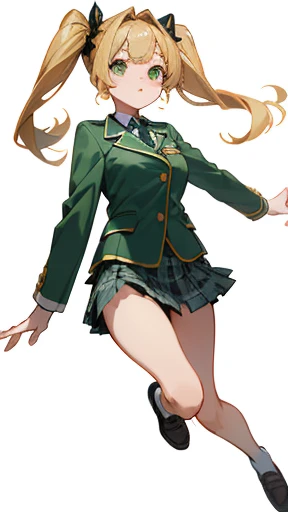 Golden twin tails、Highest quality、Clear image、Detailed Background、girl、Green Blazer Uniform、 、Checkered mini skirt, skirt flip、Flying kick