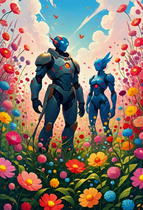 There are two people standing in the flower field, Humanoid creature covered with flowers, anton fadeev and dan mumford, beeple 和 james jean, Jossan Gonzalez and Dan Mumford, Juster Battle, Cyril Rolando and Goro Fujita, Cyril Rolando 和 M. Vacaruta, Cyril ...