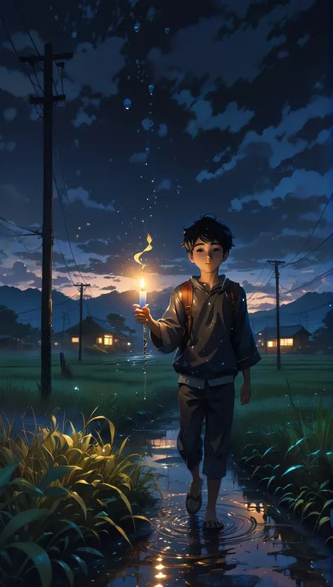 there is a boy holding a lit candle in a puddle of water, makoto shinkai cyril rolando, rob rey and kentaro miura style, cyril r...