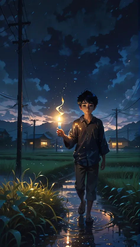 there is a boy holding a lit candle in a puddle of water, makoto shinkai cyril rolando, rob rey and kentaro miura style, cyril r...