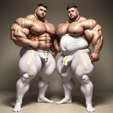 HQ photo, detailed faces, full body view, two shirtless beerbellied over-muscular bloated white european heavyweights males with undercut clean haircuts, lycra jumpsuits, in white pro sheer socks , overfed like obese gorets, over-muscular and fatly obese, ...