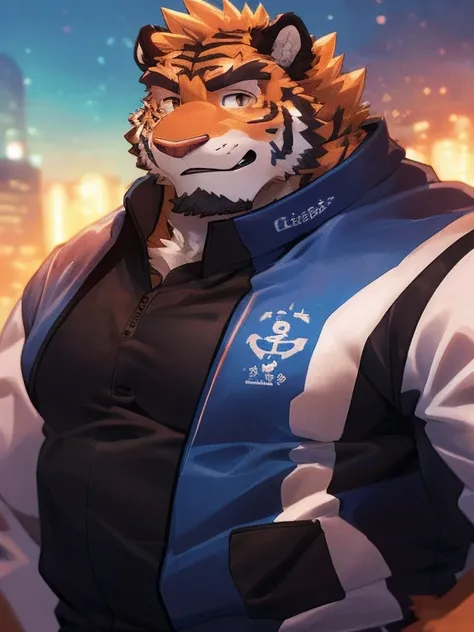 human nature, Wildlife, male,1， solitary, ((Round Face, The face is plump,Orange eyes,Thick orange hair，With scars)), ((Endomorph, Handsome，Hot Blood)), (Sportswear，Clothes Damaged), ((domestic tiger, tiger，) Fluffy fur, Fluffy), Bokeh, (high quality, high...