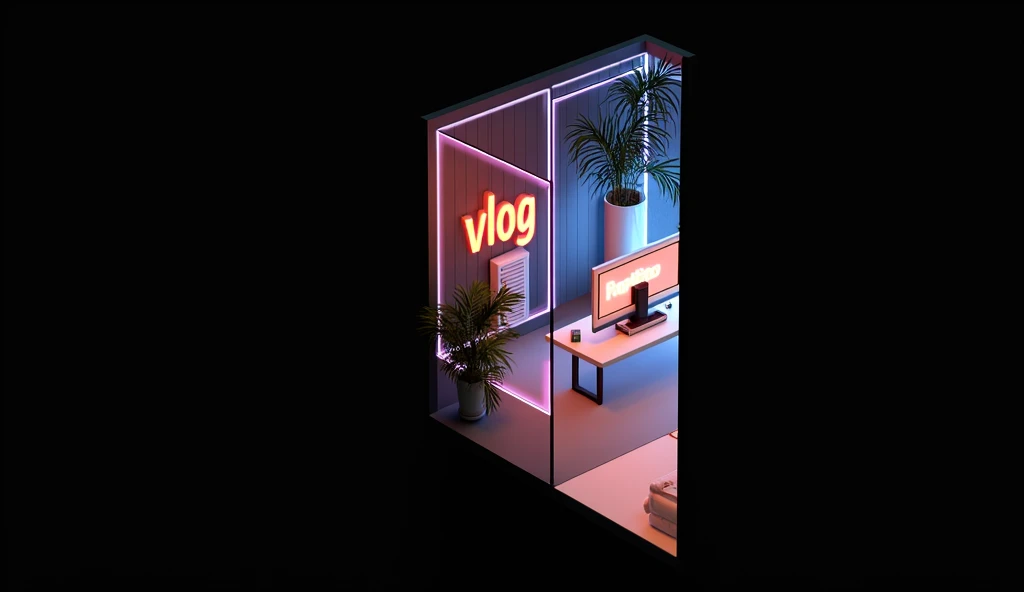 Generate a coad 3d background of living room and. write vlog  with neon lights.make sure the spelling is not misspelled. The background should have a desk and computer and also a plant in the background. Make it realistic