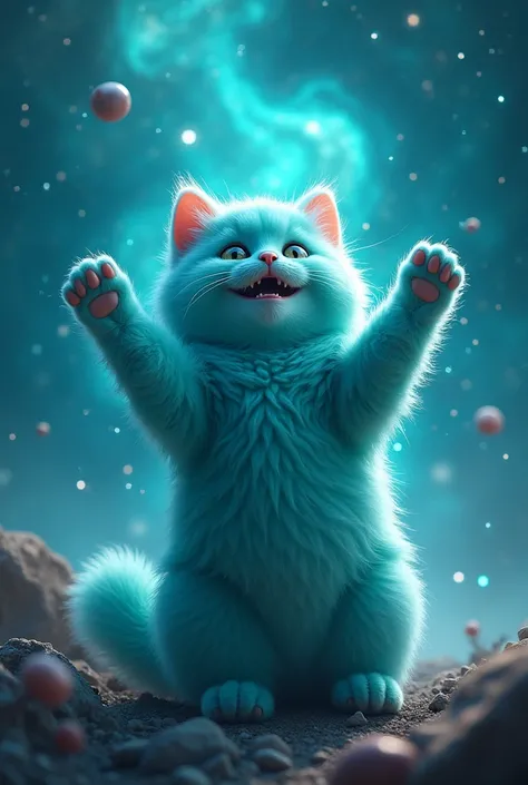 create a turquoise cat, fluffly, realisitic, he is playing with the sky, com as patas para cima, he plays happily, he is sitting with his paws up, the turquoise galaxy background 