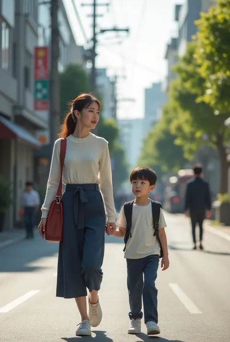 (8k, RAW photo, best quality, masterpiece:1.3),(realistic, photo-realistic:1.37),realistic skin texture,(photorealistic:1.3),(hyperrealistic:1.2.3.4), super sexy young Korean milf and her primary school son walking to school.