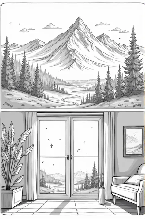 Make a comic strip:

Show a beautiful mountain landscape
Then Show the landscape being taken on a phone camera
Then show it in a picture framed inside a house
Make the art colorless