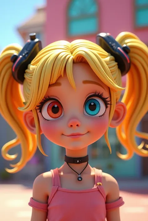 3D Pixar Style Girl, Blonde drill twintail, Make your hair twintails, Game controller hair accessories, Wear a black choker around your neck, Cute Billboard, Heterochromia iridis: Left eye is red, Right eye is blue