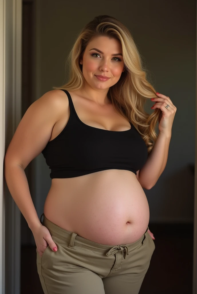 Slightly chubby pregnant blonde, thick hips, huge fat juicy butt, huge pregnant belly, wearing tight tank top and tight khaki dress pants, biting bottom lip, light makeup, hand on back of hip while the other moves hair out of her face, blushing, side view,