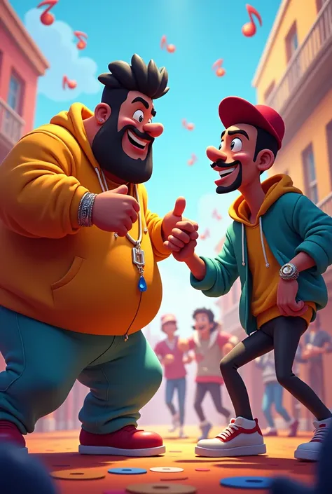 Create a Fat Battles palooza depicting one person rapping with another rapper Disney Pixar style 
