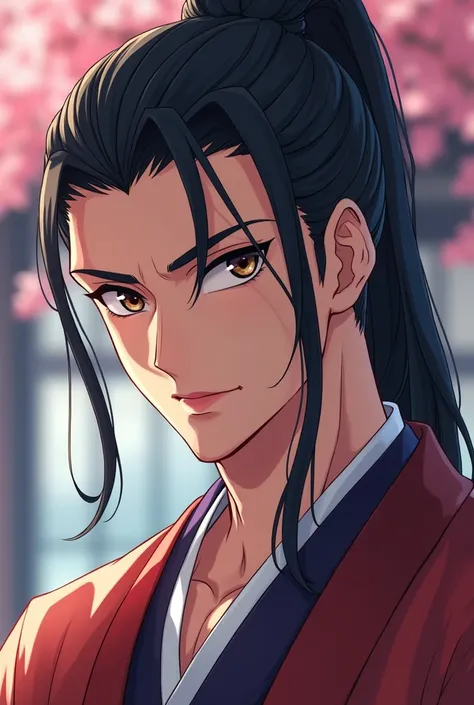 Please create a refreshing, handsome samurai wearing a hakama in an anime style. Only from the chest up, please.