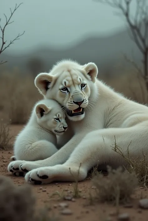 White lion cub crying beside his mother deadbody  