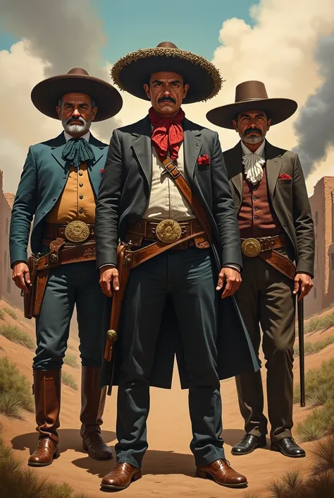 create an image about zapata, Pancho Villa, and porfirio diaz