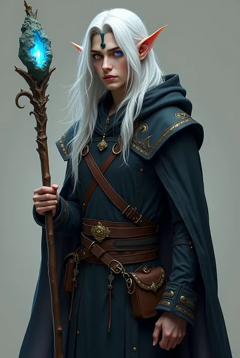 Elf-man 25 years with white long hair. On the front side his hair we see little black streak. One of his eye was blue, second was yellow. He wear black coat with hood. He have wooden staff with magic rock and beld bag.