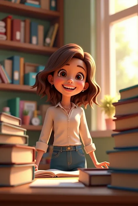 a pixar-like image of a teacher with brown hair, smiling with books