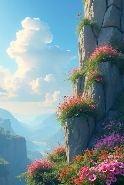 There are many flowers on the cliff, Colorful flowers, Beautiful sky, Matte painting 8k, Matte paint 8K, Vertical wallpaper 8K, Vertical wallpaper 8K, Vertical wallpaper 4K, Vertical wallpaper 4K, Lost Series, realistic fantasy rendering, 8K resolution in ...