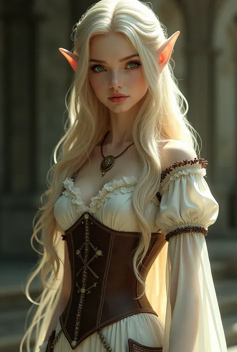 Elf woman, very long blonde wavy hair, bright green eyes, white skin, wearing brown medieval corset with long white medieval dress with a big pocket on right.