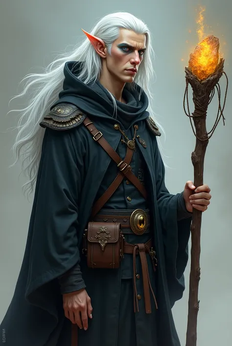 Elf-man 25 years with white long hair. On the front side his hair we see little black streak. One of his eye was blue, second was yellow. He wear black coat with hood. He have wooden staff with magic rock and beld bag.