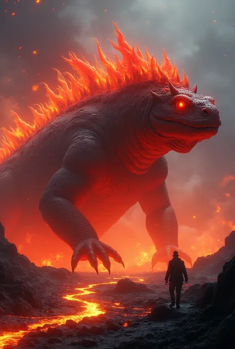 A terrifying and mysterious creature named Volcano Lizard, lurking around active volcanoes and lava fields. The creature is 8 meters long and weighs about 3 tons, resembling a giant lizard with scales that glow like molten lava. Its body is covered in scal...