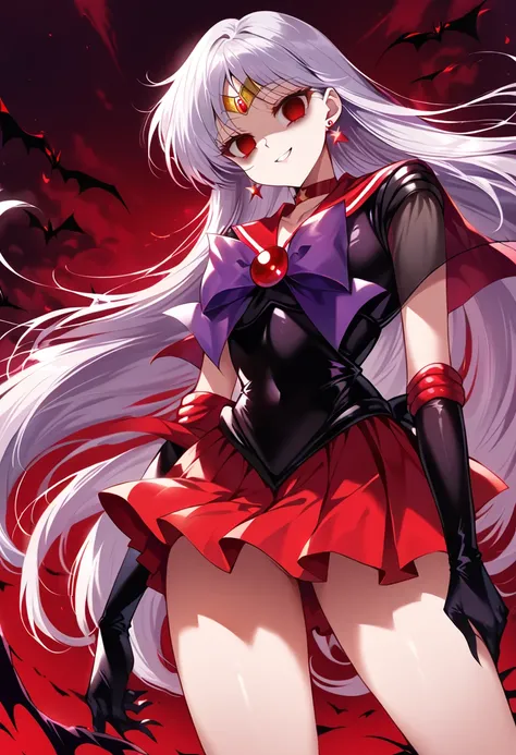 (masterpiece, Highest quality, so beautiful, Very detailed), Intricate details, 12k, Honestly, aamars, long hair,  tiara, earrings, red choker, red sailor collar, purple bowtie, (black shirt:1.2), elbow gloves, black gloves, pleated skirt, red skirt, bare ...