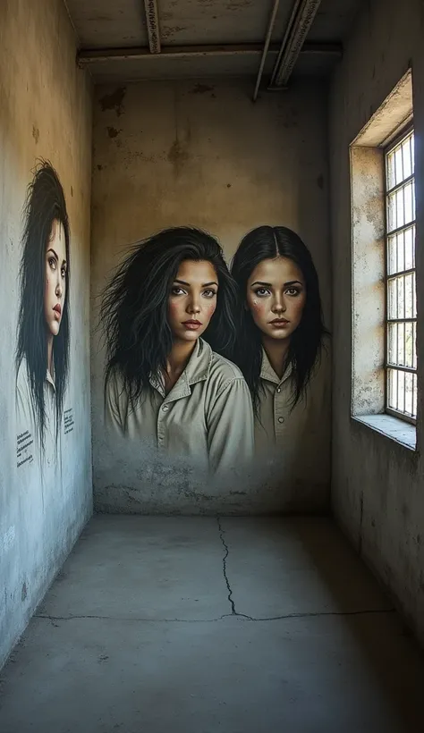 Illustrates some portraits of women on a cell wall in a prison