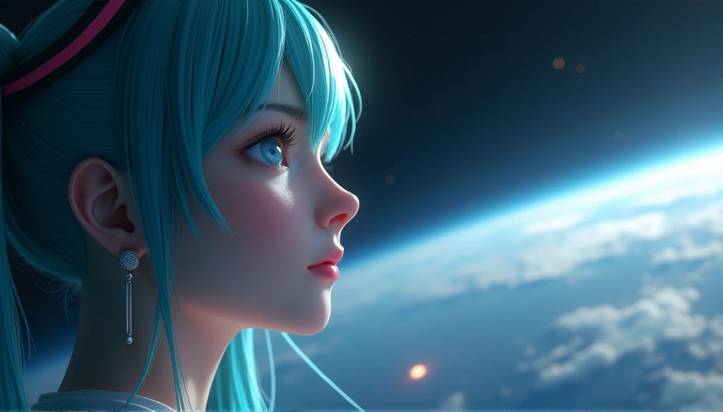 miku hatsune,Looking at the Earth　Focus on the face