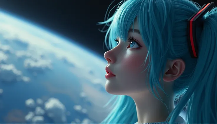 miku hatsune,Looking at the Earth　Focus on the face