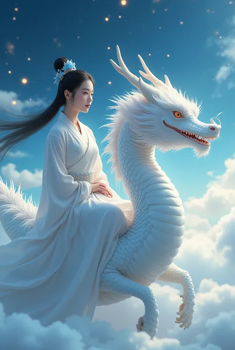 A  with black ponytail hair wearing classic hair piece of blue flower riding white Chinese dragon on the sky full of cloudy stars