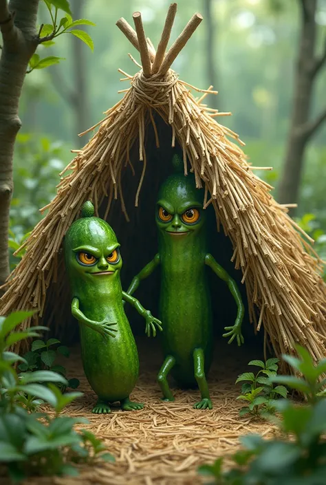 Indigenous cucumbers with face building a straw hut. The hut must be incomplete and the cucumbers must have valkyries. They must have a masculine face and pretty eyes and they cannot lose their cucumber body.