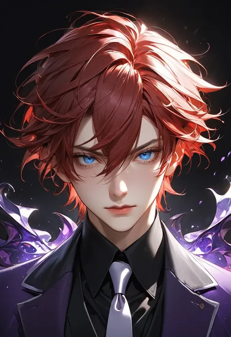 The image is a highly detailed, ultrarealistic manga-style portrait of a androgynous young man with an malicious and enigmatic appearance. He has shoulder-length, wavy, and smooth red hair that frames his face with an almost malificent look. His striking b...