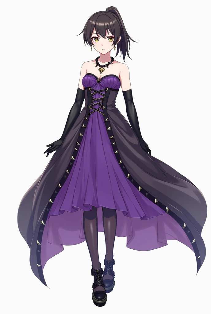 mahiru shiina, hina,1girl,solo,ponytail,elbow gloves,purple dress,black gloves,black dress,strapless dress,earrings,necklace,alternate costume,