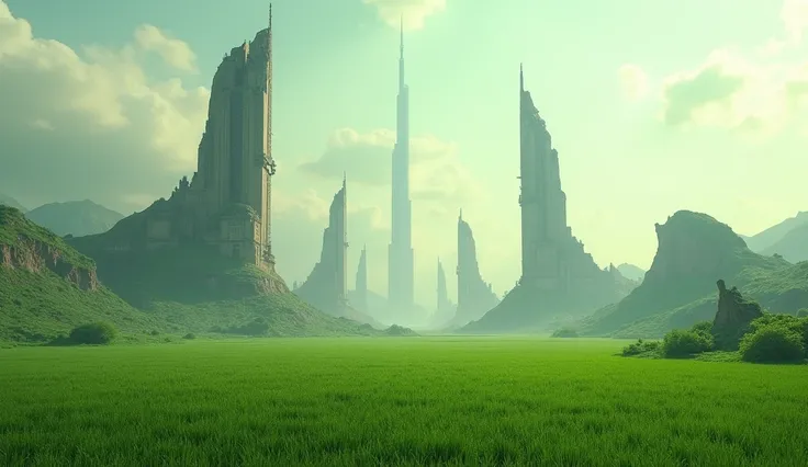 a green field and some skyscapers and old cities below burried in earth 