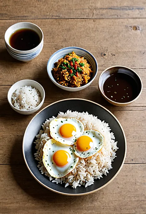 fried egg plate、bowl of rice、