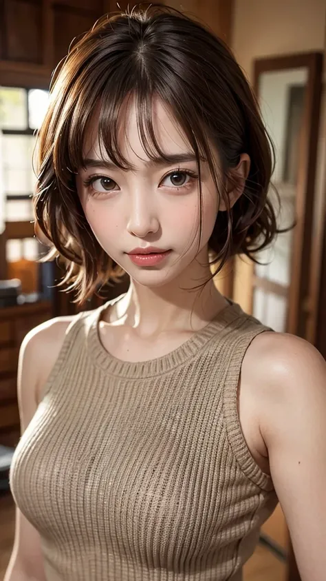 (Ultra-realistic), (shape), (High resolution), (In 8K), (Very detailed), (Best shape), (Beautiful details), (Highest quality), (Very detailedな), (wallpaper), (Detailed face), Droopy eyes, Sweat a lot, Upper body close-up,  Underarm,short hair,Girl wearing ...