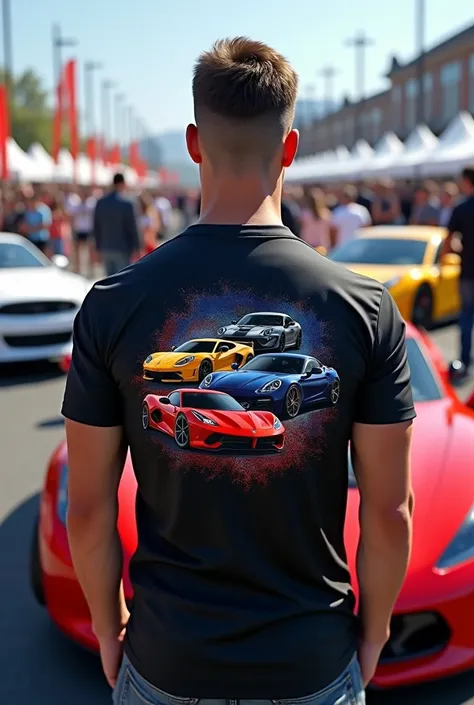 (Photorealism:1.2), young and strong man, standing backwards, black jersey, with a print of cars at a sports car fair 