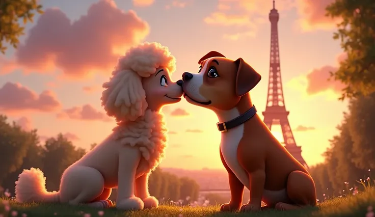 a female dog and male dog kissing Eiffel Tower