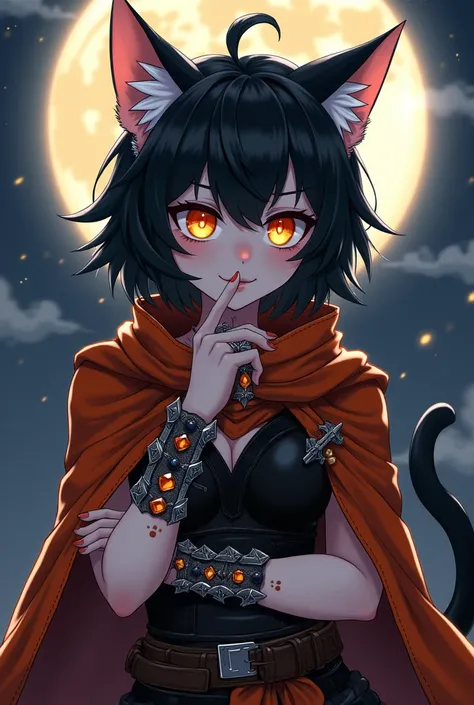 full body portrait of a cute anime cat girl with fluffy cat ears, cat tail and claws, her hair is black and white, her eyes shine in a bright orange, she is wearing a rouge cloak made of black and orange cloth and leather and a leather armor beneath the cl...