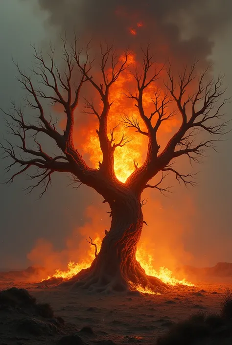 create a dry tree on fire .png