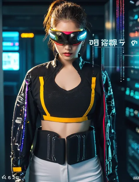 (masterpiece:1.2,Exceptional Quality,mirror-like,cinematic experience),8k,wallpaper,Ray Tracing,(woman),Are standing,(美しいwoman,sexy),(Wearing futuristic cyber goggles:2.0,Data displayed on the goggles:2.0,Colorful detailed graph of goggles:2.0,Colorful typ...