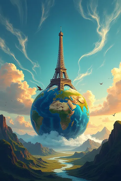 Cover of a work that has the Paris Agreement and global warming as its theme , This cover must fill an A4 sheet.
Make the planet with the Eiffel Tower really big, with the title "The Paris Agreement and Global Warming*