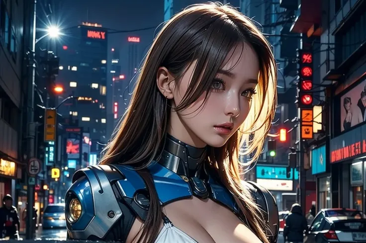 Best Illustrations, Woman covered in complex white cybernetics, Blue LED light, Combat Uniform, Cleavage, high tech, Ultra-high resolution, 32K, (Bikini Cyborg Robot Parts), (detailed:1.4), Cyberpunk City Background, Rainy Street, Beautiful Face, Long gold...