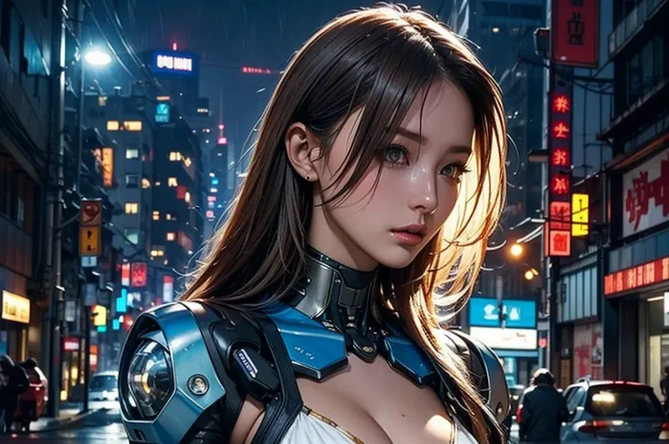 Best Illustrations, Woman covered in complex white cybernetics, Blue LED light, Combat Uniform, Cleavage, high tech, Ultra-high resolution, 32K, (Bikini Cyborg Robot Parts), (detailed:1.4), Cyberpunk City Background, Rainy Street, Beautiful Face, Long gold...