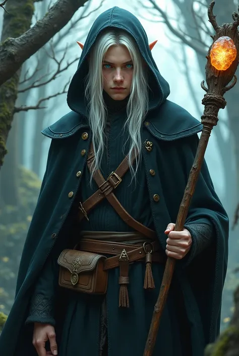 Elf man 25 years with white long hair. On the front side his hair we see little black streak. One of his eye was blue, second was yellow. He wear black coat with hood. He have wooden staff with magic rock and beld bag.