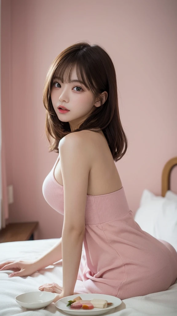 table top, highest quality, shape, Super detailed, finely, High resolution, 8k wallpaper, Perfect dynamic composition, Gcup breasts:1.2,20 year old girl、real photos（best image quality）,,Blurred tower apartment bedroom(pink) background、bed(pink)