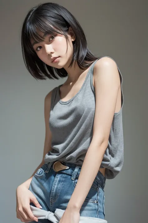 この画像の詳細を再現するためのpromptの例を以下に示します。

---

**prompt:**
A beautiful Japanese girl、Wearing a casual grey tank top and denim shorts。She has short black hair、This style has bangs slightly covering the eyes.。The pose is from a low angle, looking up.、She put her han...