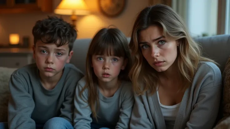 Ultra-realistic portrait of a family sitting in a living room, with expressions of worry and tension. The mother has light brown hair and expressive eyes, while the two teenagers, a boy and a girl, show signs of frustration and fear. Everyone is dressed ca...