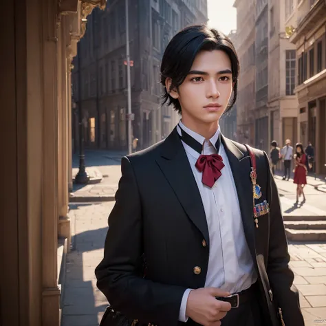 a tall handsome black-haired high school boy in school uniform with piercings, detailed facial features, beautiful eyes, refined facial structure, elegant posture, intricate school uniform, shiny black hair, dynamic pose, detailed background environment, (...