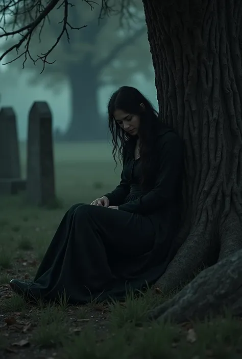 Western woman dressed in black sitting on the ground leaning against the catatunba in the cemetery at night 