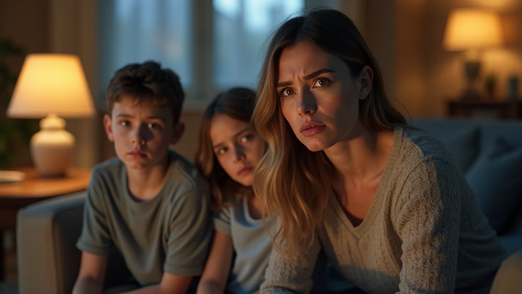 Ultra-realistic portrait of a family sitting in a living room, with expressions of worry and tension. The 40-year-old mother has light brown hair and expressive eyes, while the two teenagers, a boy and a girl, show signs of frustration and fear. Everyone i...